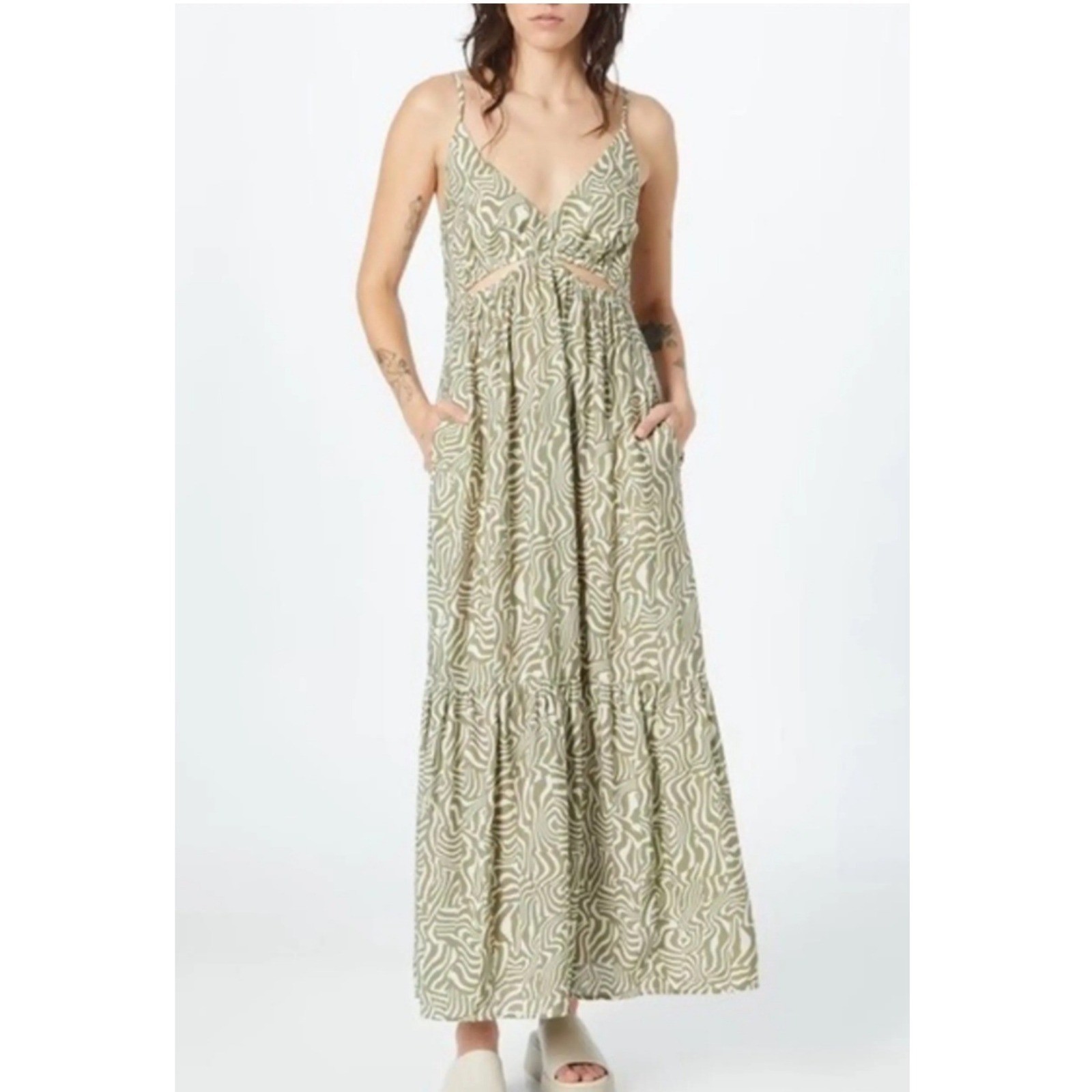 NWT Abercrombie & Fitch Olive Zebra Print Cut-Out Maxi Dress Womens XL