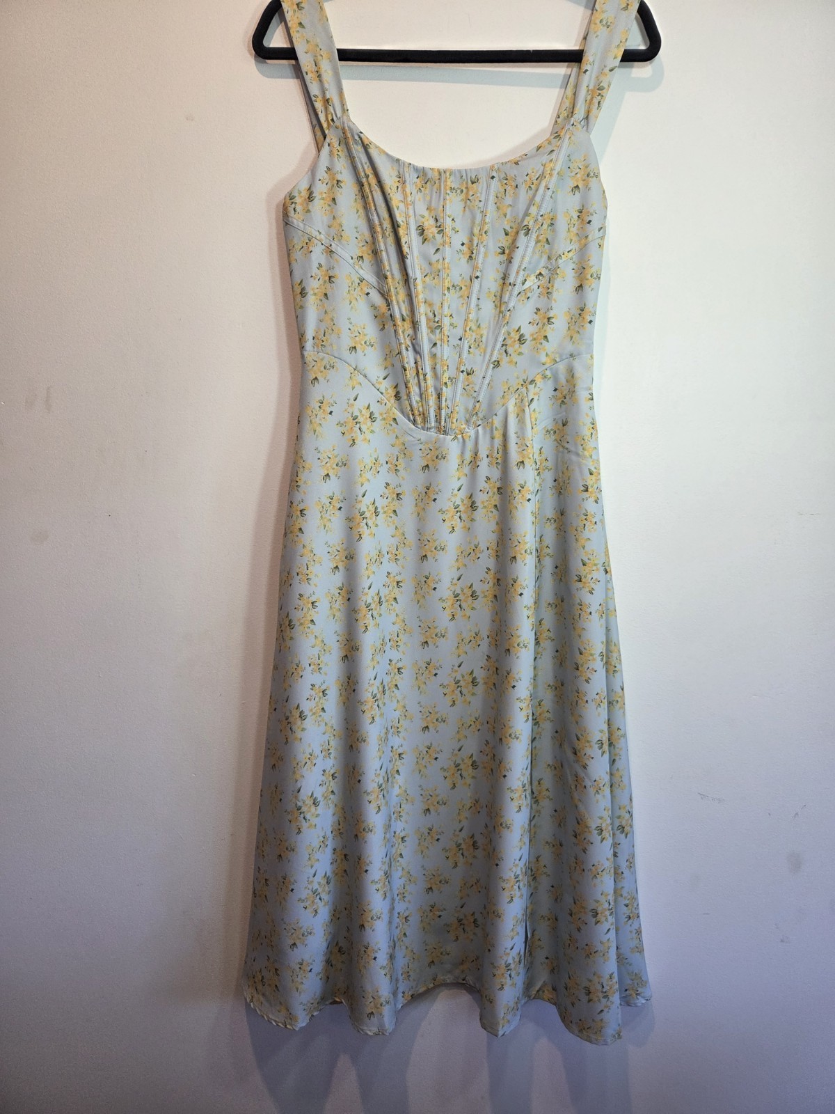 UNBRANDED Size L Blue/Yellow Floral Square Neck Corset Back Lace Up Midi Dress
