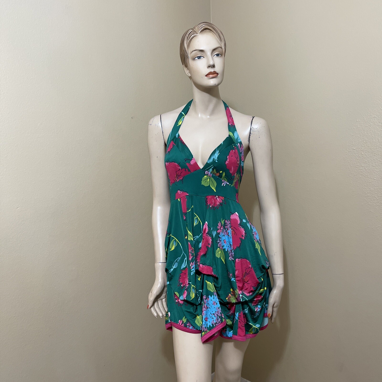 Women’s Green Floral Bright Polyester Casual Stretch Open Tie Size L Sundress