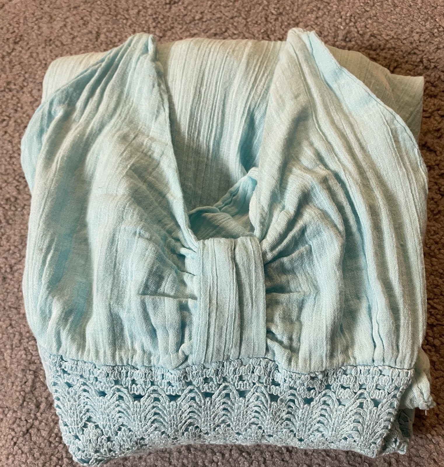 Halter Neck Handkerchief Hem Dress Sz M Lace Trim Blue Crinkled Rayon Lagenlook