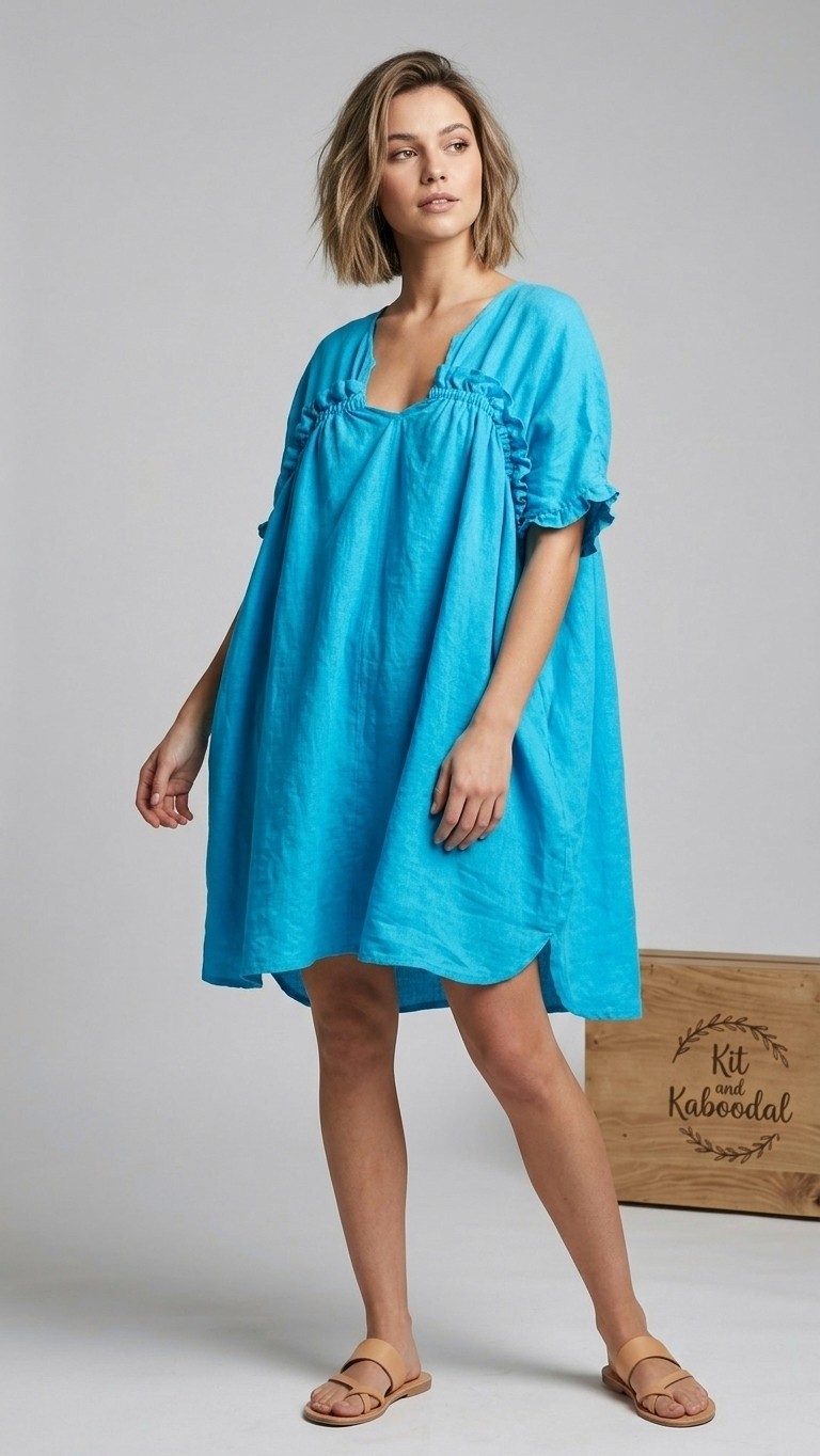Kit and Kaboodal 100% Linen Turquoise Boho Tunic Dress One Size Oversized