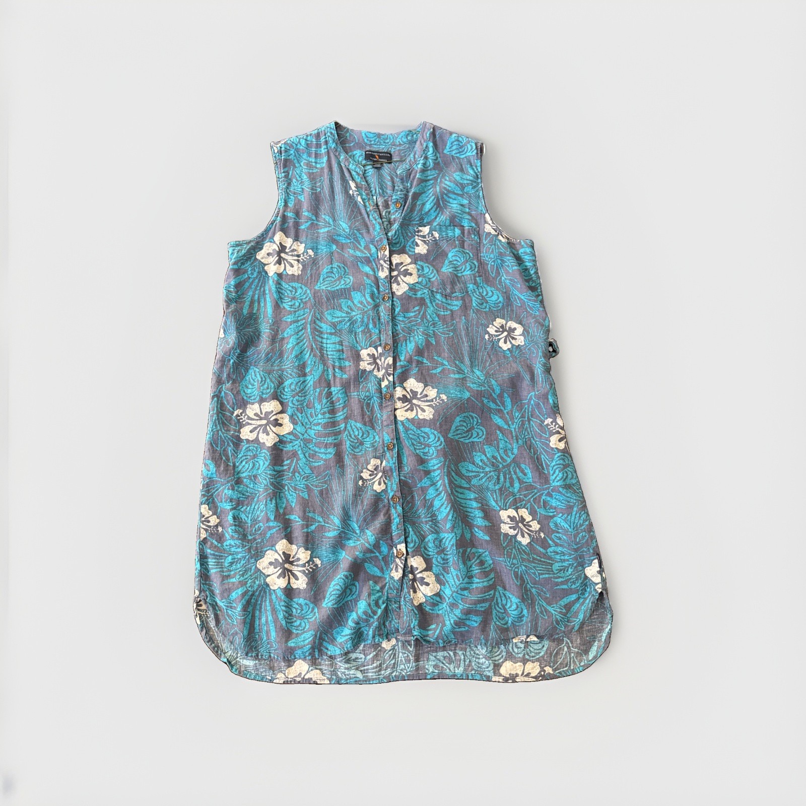Margaritaville Hawaiian Sleeveless Dress Blue XXL Button Front Hibiscus (H77)