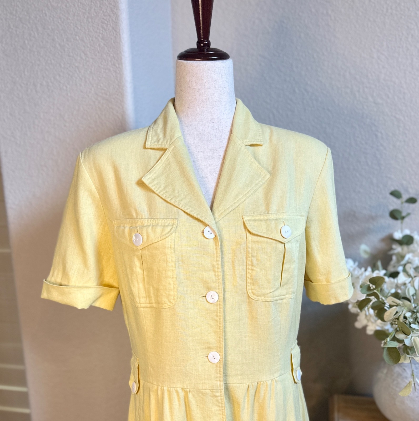 Moda Spiegel Yellow Linen Blend Button Front Midi Dress Size 12 Short Sleeve