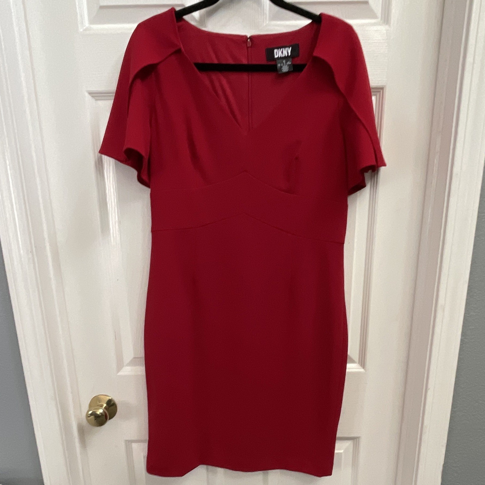 DKNY Women’s – 12 Red Solid V-Neck Flutter Sleeve Zip Knee-Length Sheath Dress
