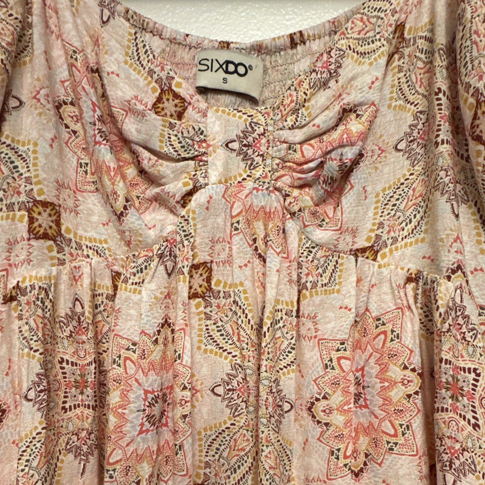 SIXDO Pink Paisley Square Neck Puff Sleeve Knee Chiffon Polyester Dress S