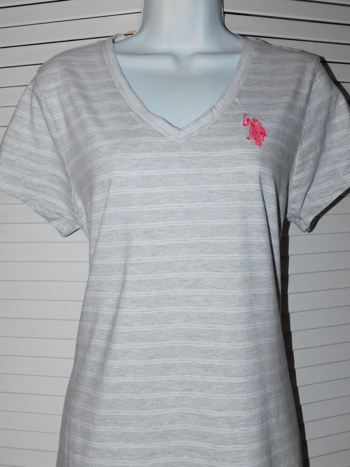 US Polo Assn Size L Grey Stripe Womens Stetch Cotton Knit Logo Slimming Dress