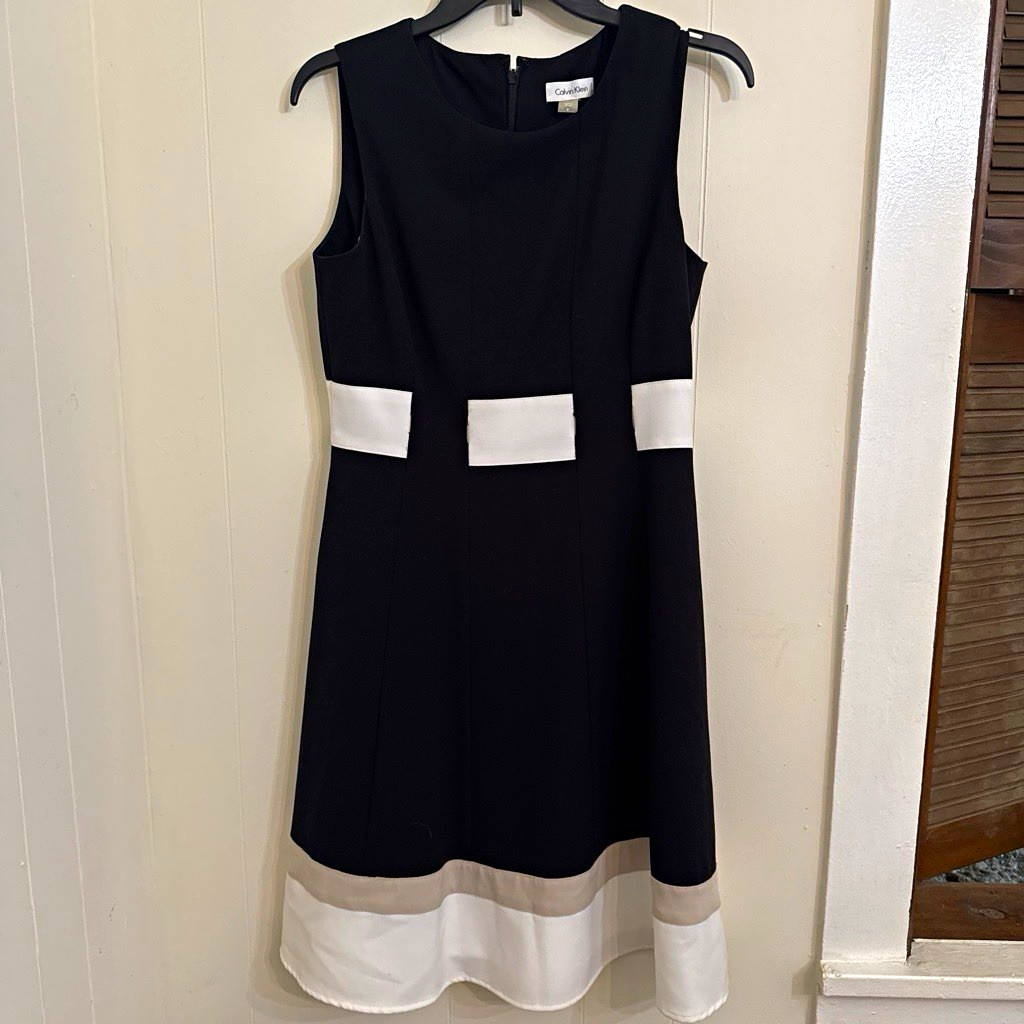 Calvin Klein Women’s 8 Black White Colorblock Round Neck Sleeveless A-Line