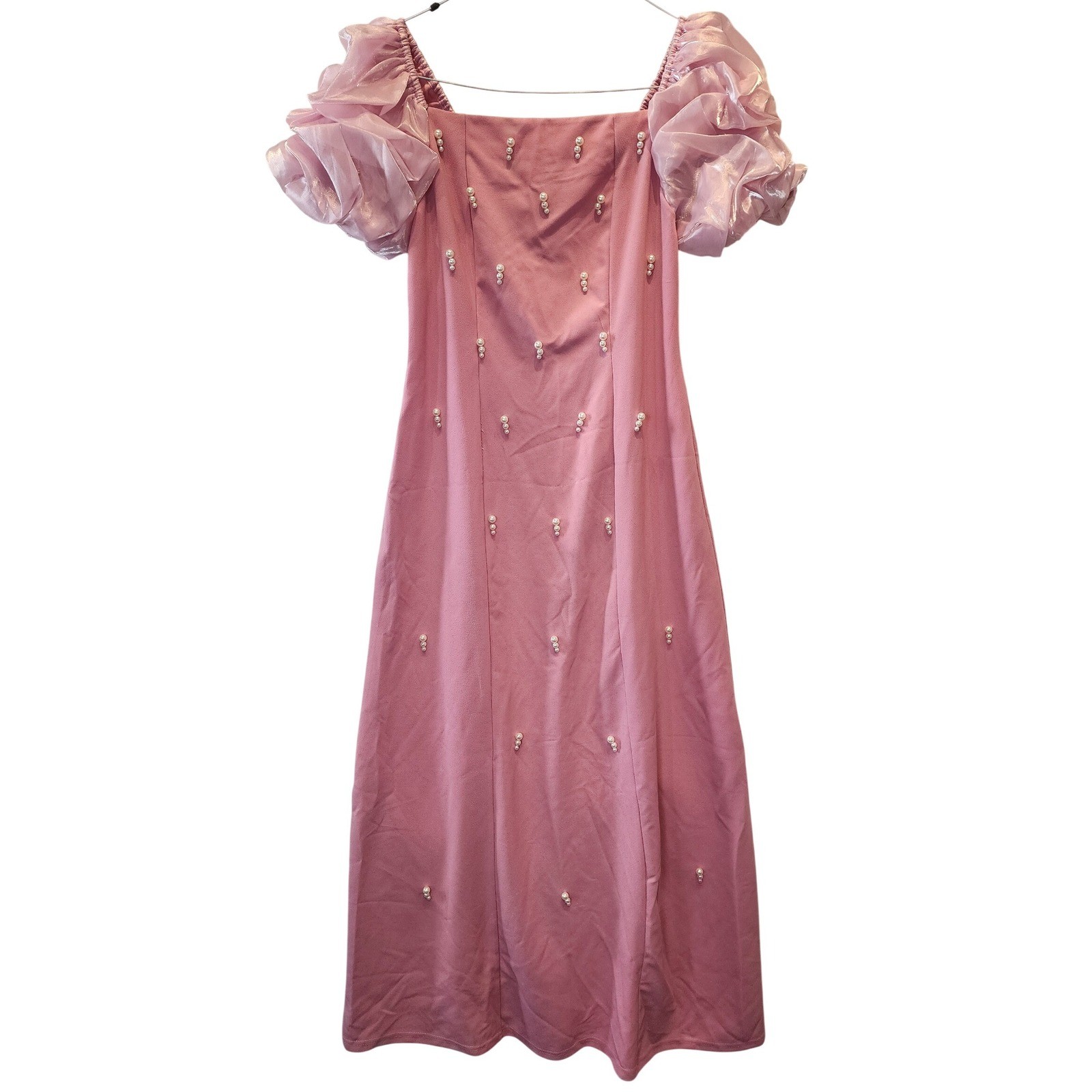 Pink Faux Pearl Accent Puff Sleeve Maxi Dress Prom Wedding Guest Gown Size 3/11