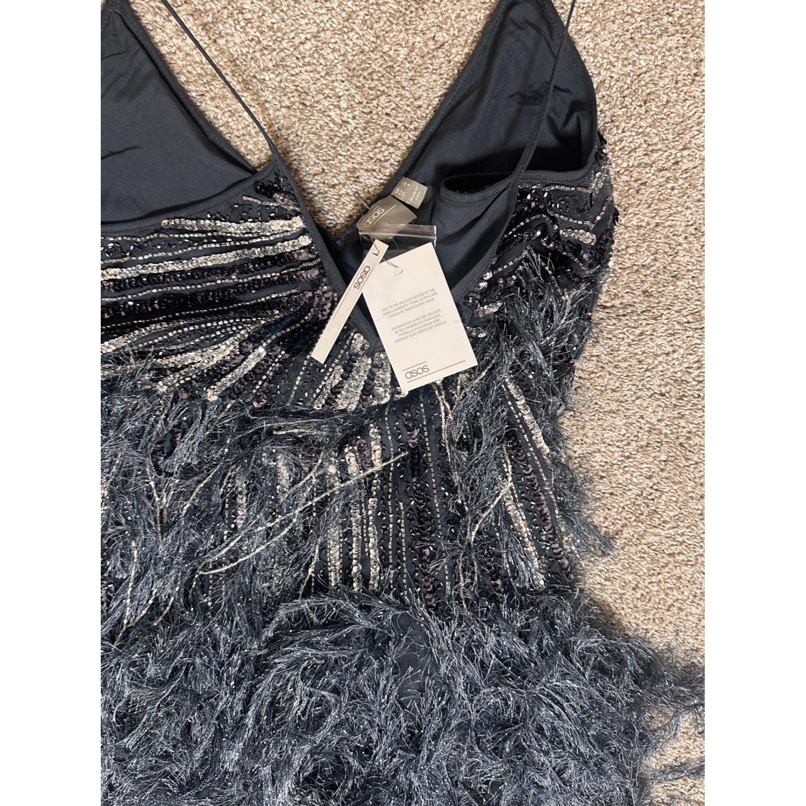 ASOS Edition Sequin and Feather Mini Dress midnight Grey Flapper 1920’s US 6 NEW