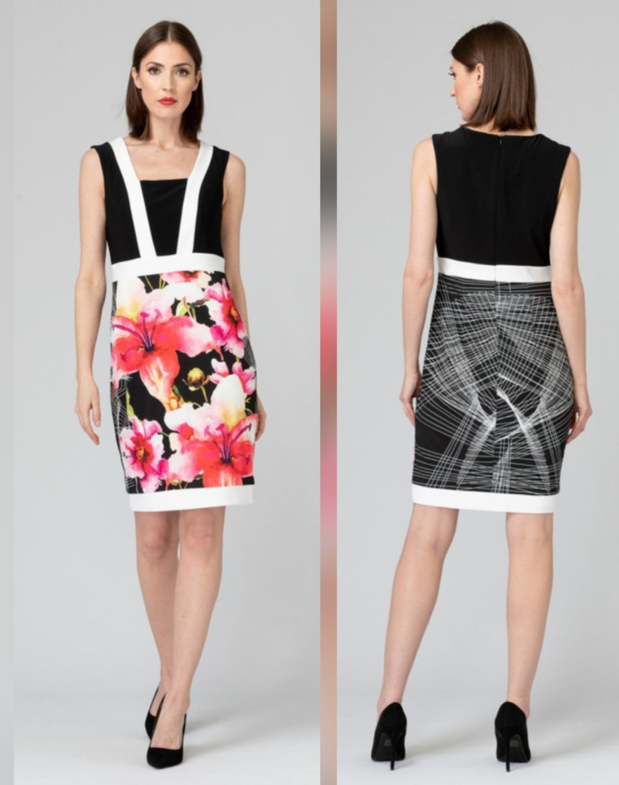 Joseph Ribkoff Floral Sleeveless Black-Pink-White Designer Cocktail Dress. Sz 10