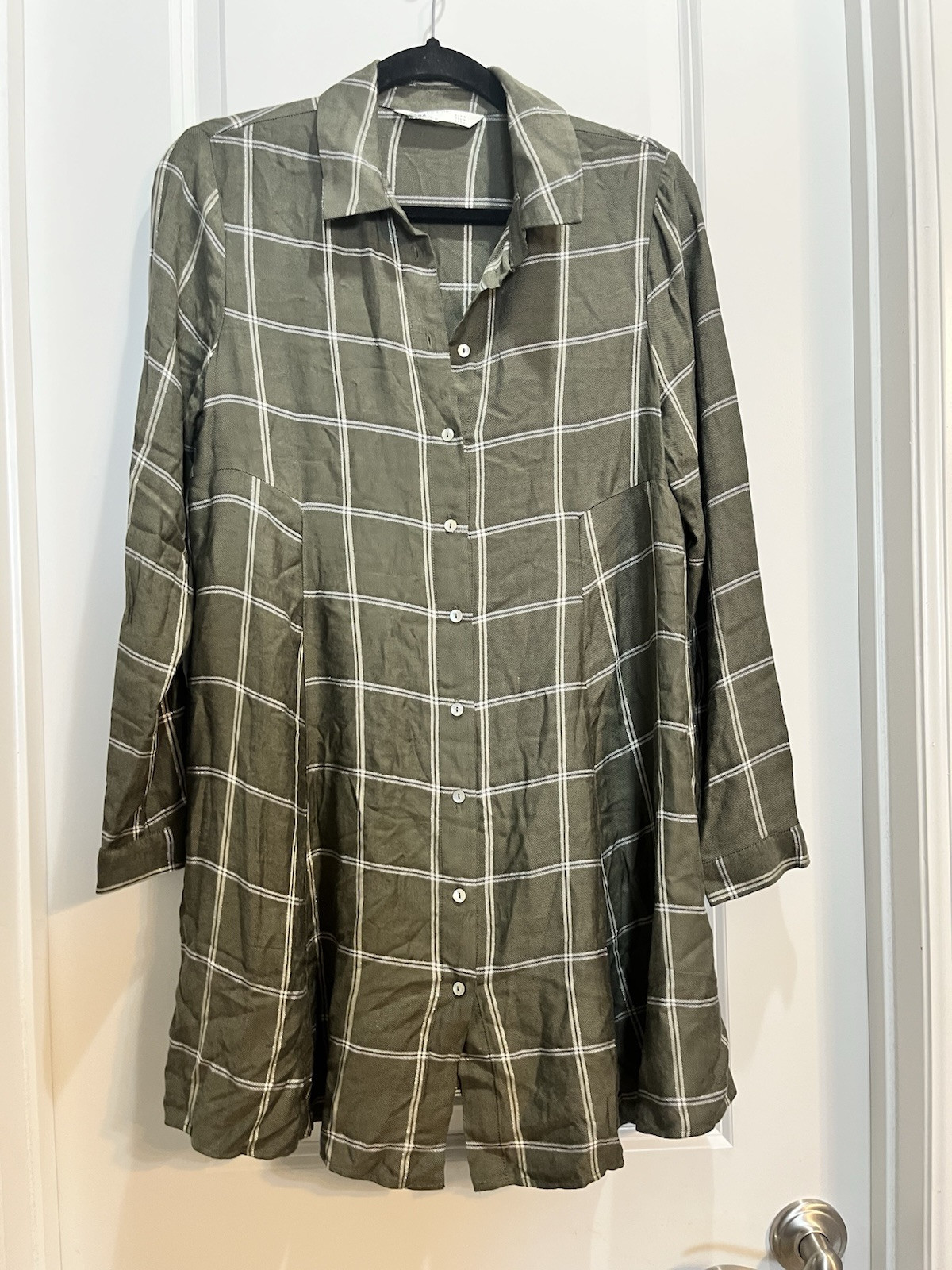 Zara Green Plaid Silver Sparkle Tunic Button Down Shirt Dress 3/4 Sleeves Med