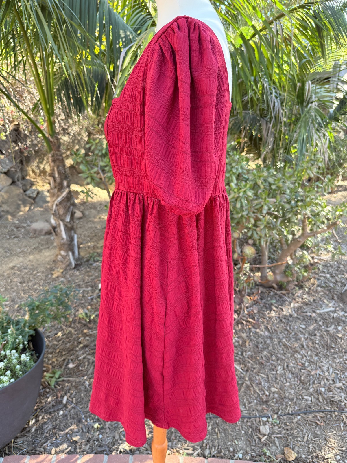 Babydoll Boho Puff Sleeve Smocked Cottagecore Mini Dress Red Size XL Textured
