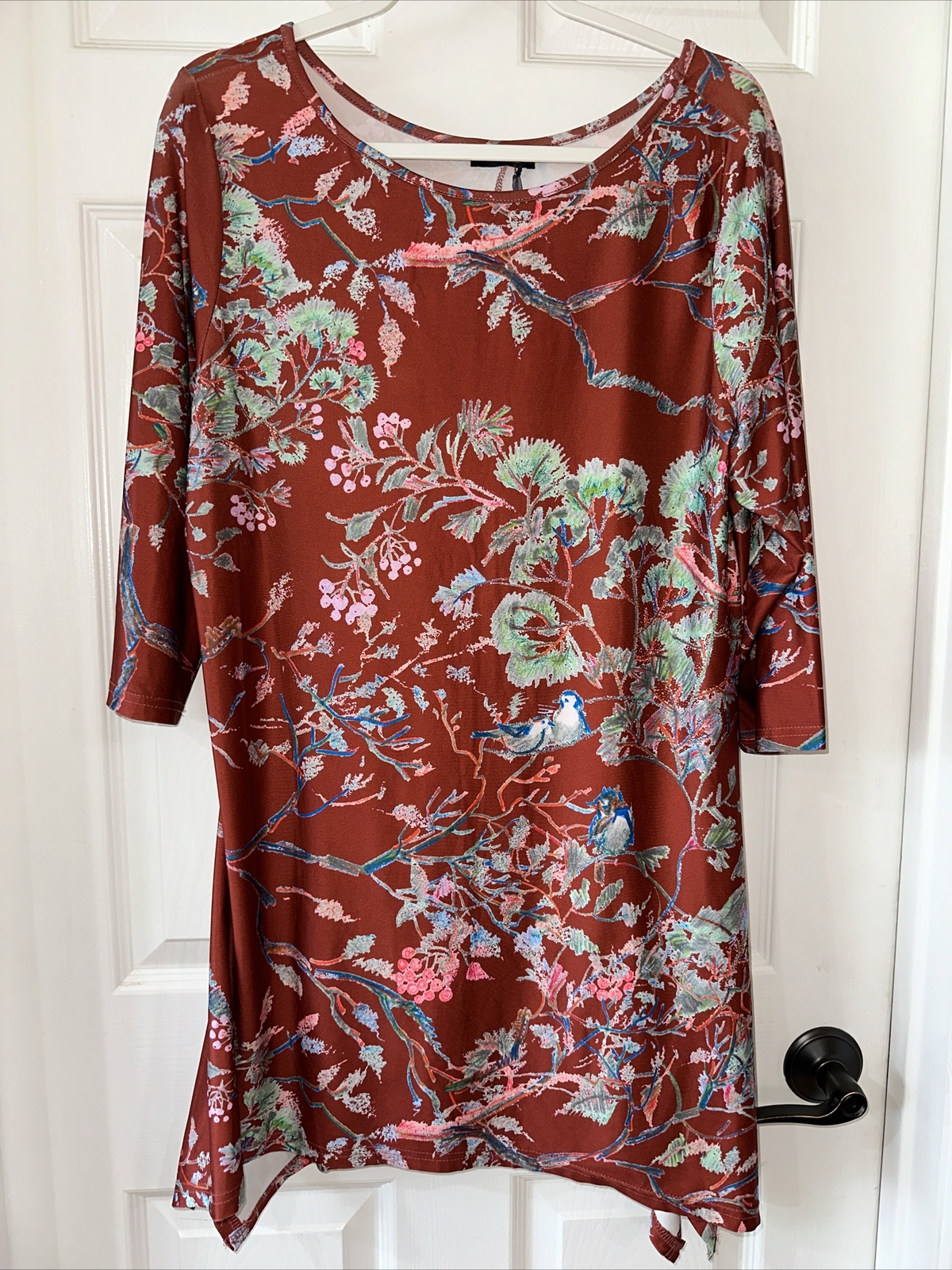 Lily Women’s XL Pullover Sheath Dress Short Orange Multi Floral Bird Pattern NEW