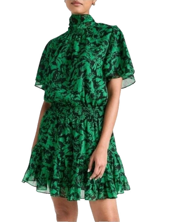 Misa Los Angeles Sz M Saffie Dress Emerald Green Black Chiffon Tiered High Neck