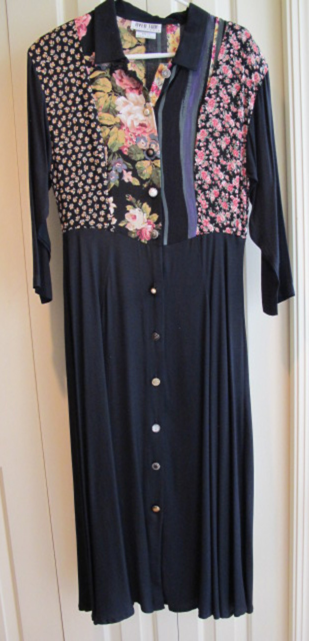 Byer Too! California MAXI DRESS REDUCED VINTG BLACK FLORAL SZ 11~USA MADE~FREE H