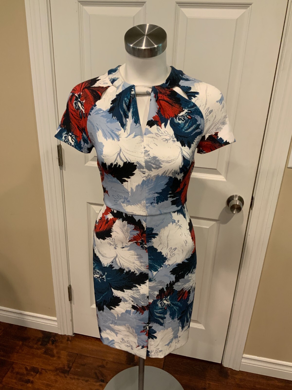 Erdem White, Blue & Red Floral Short Sleeve Cutout Sheath Dress, Size 0