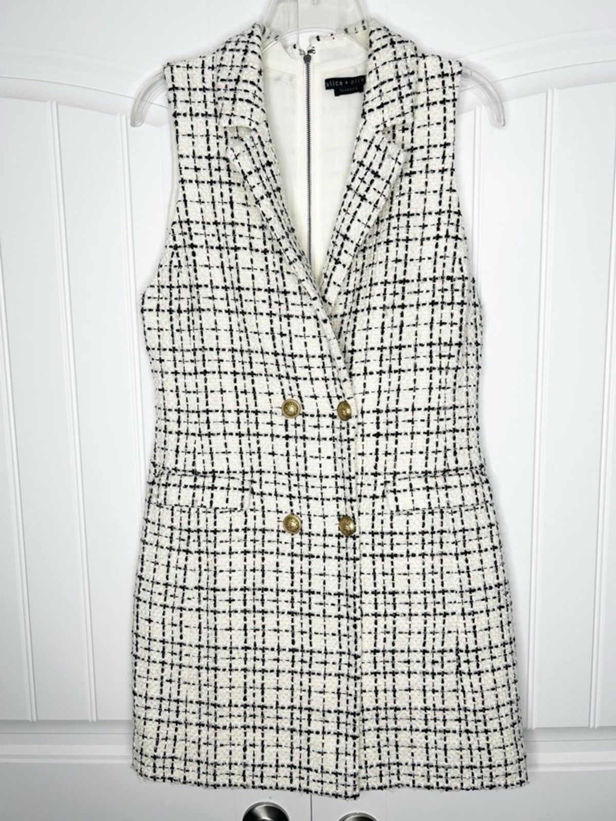 Alice + Olivia Jordy Double Breasted Tweed Tuxedo Mini Sleeveless Dress SIZE 8