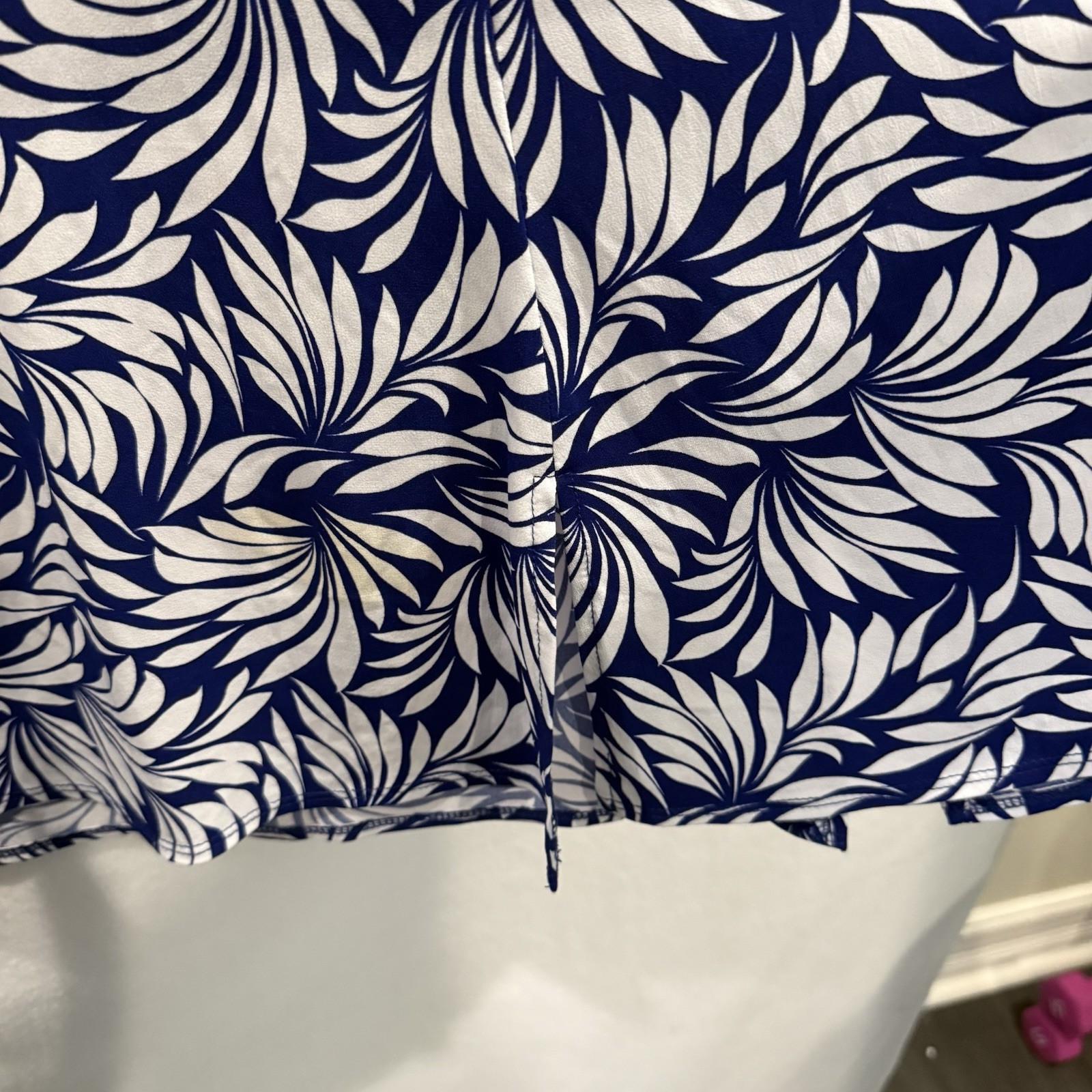 Susan Graver Blue White Tropical Palm Leaf Print Sleeveless Midi Dress 1X