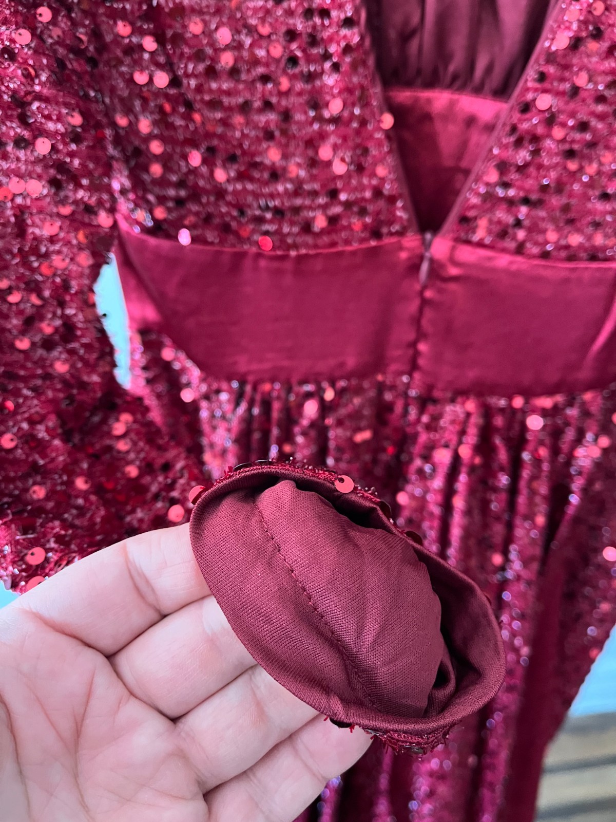 Burgundy Red Sequin Long Sleeve Mermaid Gown Low Back Satin Sash Formal Dress
