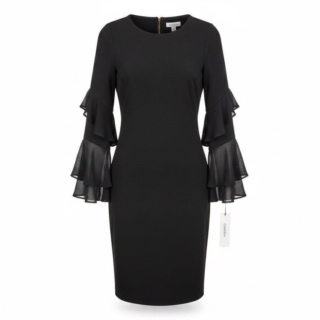 Calvin Klein Women Black Polyester Spandex Bell Sleeve Sheath Dress Size 10