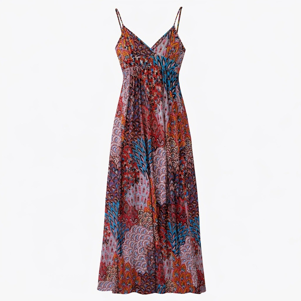 Twenty One Peacock Paisley Babydoll Maxi Dress V Neck Spaghetti Strap Size S
