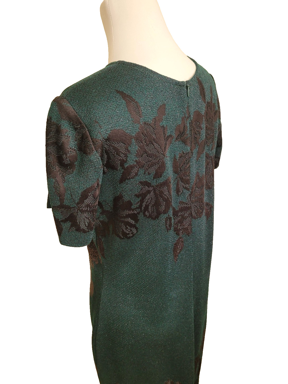 ST. JOHN Metallic Floral Knit Dress Emerald Multi Short Sleeve Black Label Sz 8
