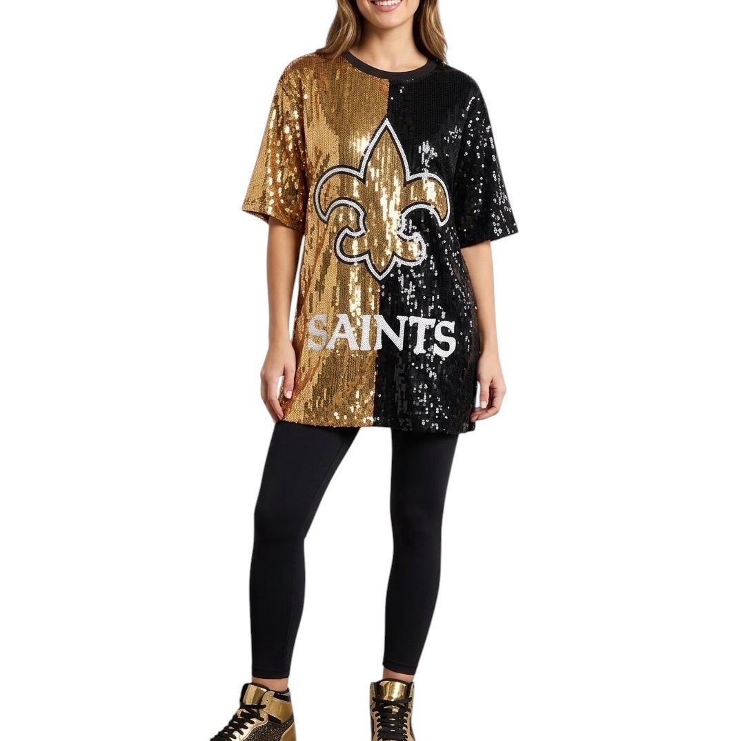 NFL New Orleans Saints Womens Sequin T-Shirt Dress Gold Black Fleur De Lis M/L