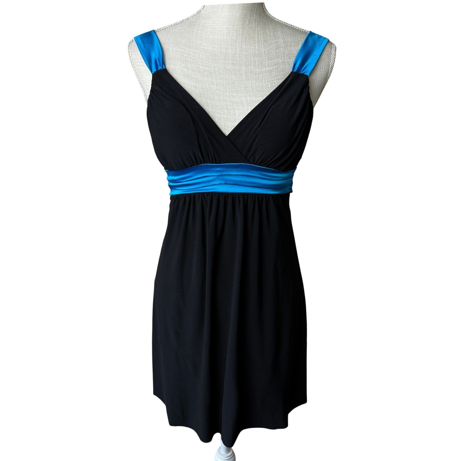 Vtg Y2K Taboo Mini Dress Womens XS Black Cobalt Blue Satin Bow Empire Waist USA