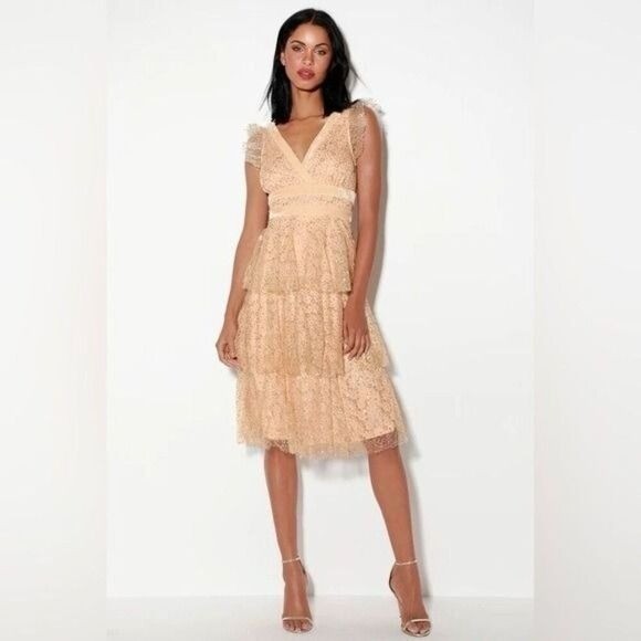 Lulus Stunning Love Nude and Gold Glitter Tiered Midi Party Cocktail Dress Small