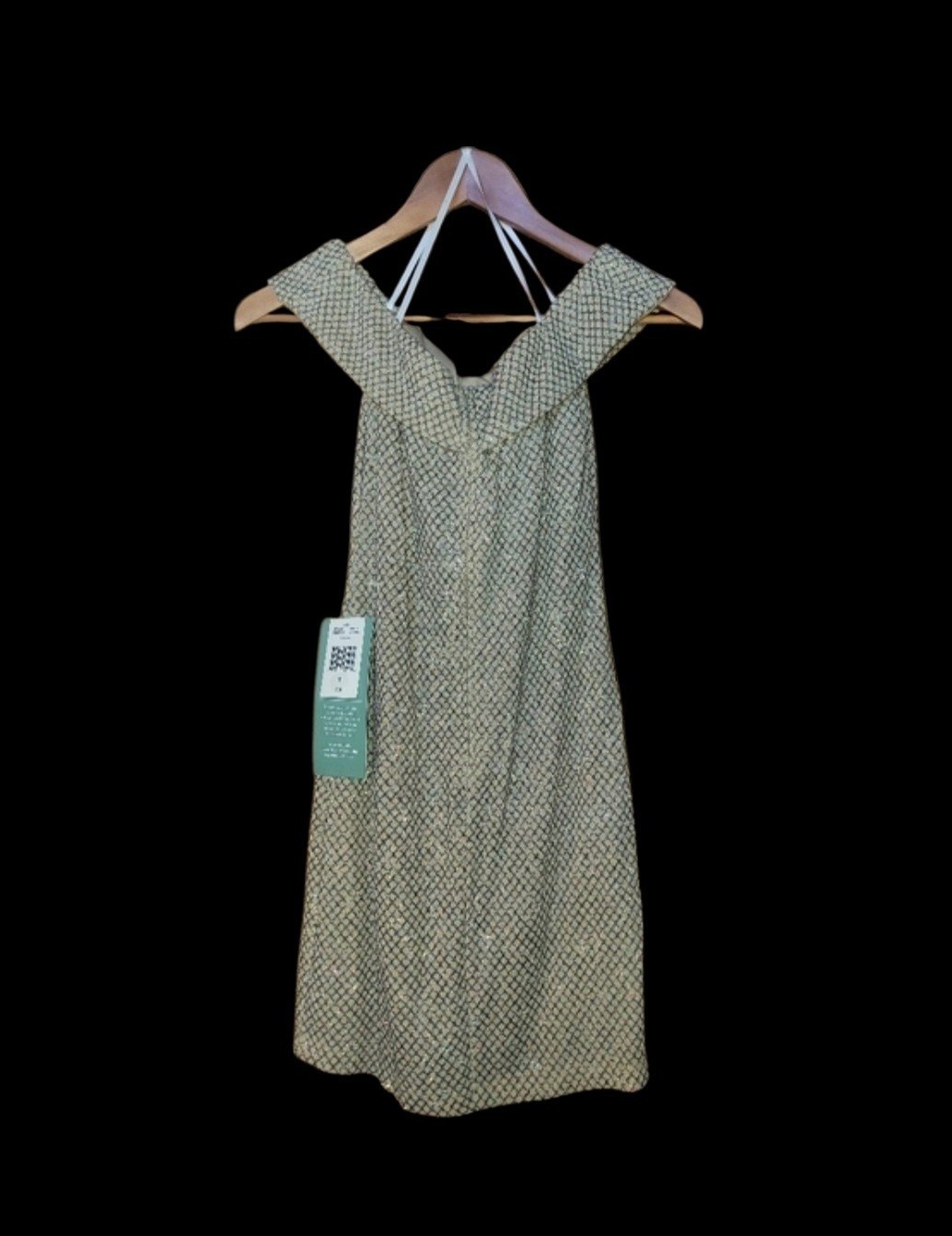 B. Smart Sheath Dress Off Shoulder Sleeveless Beige/Black Geometric Knee Sz 5