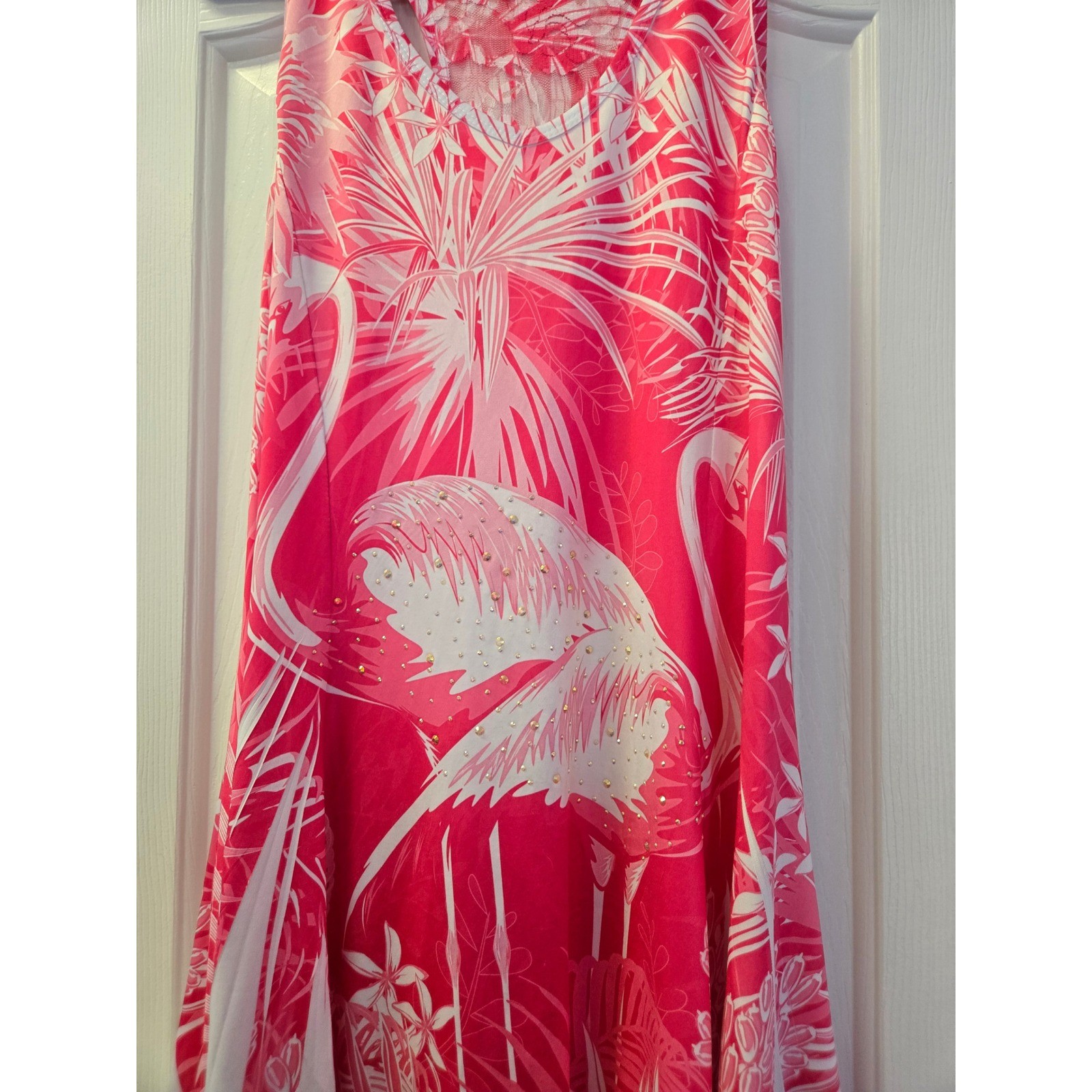 Pink Flamingo Tropical Lace Back Handkerchief Hem Dress Resortwear One Size