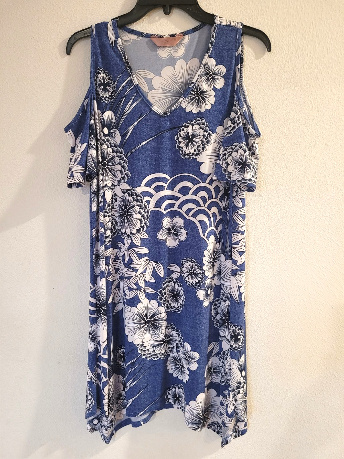 SJS Women’s Medium Blue Floral Cold Shoulder V-Neck Tunic Dress Boho Summer