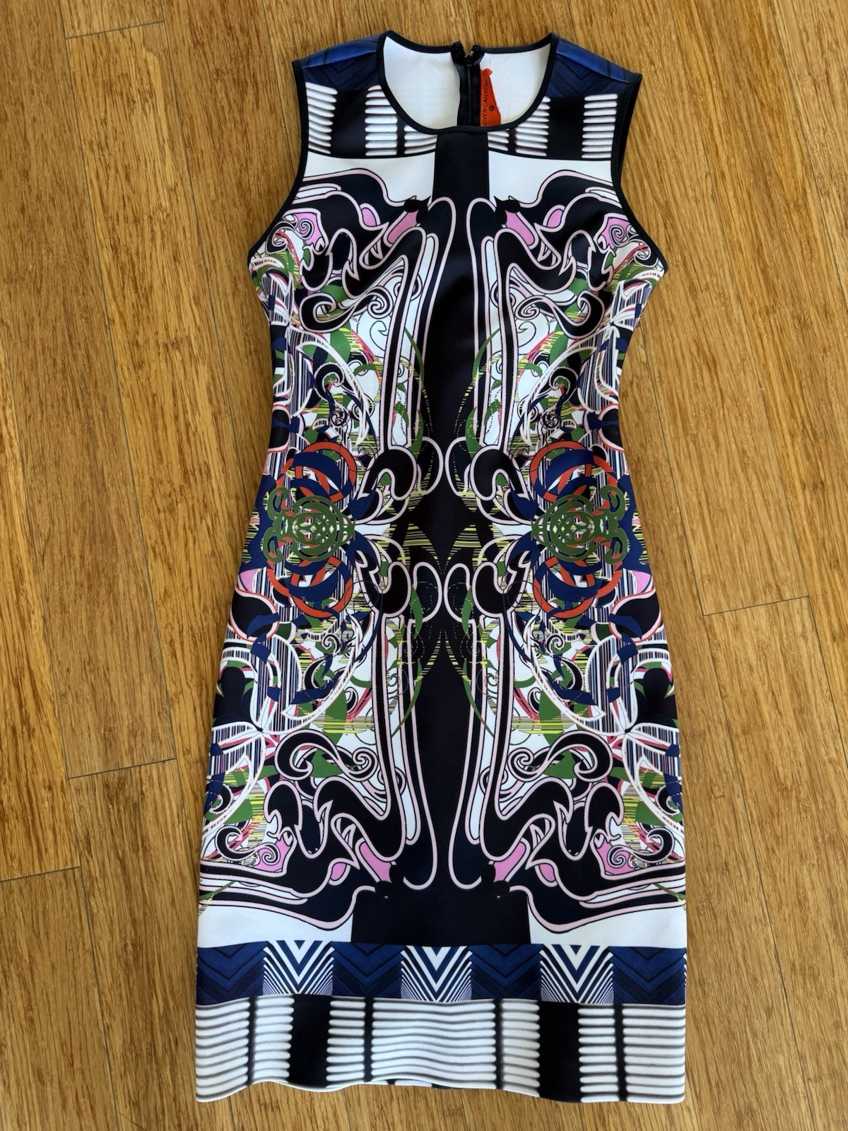Clover Canyon Women’s Medium Dress Pink Green Floral Sleeveless Neoprene Sheath