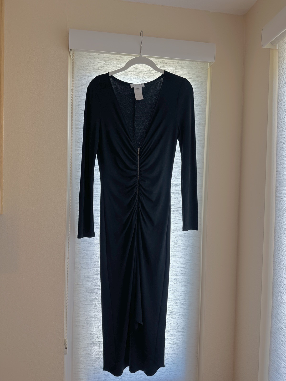 Celine V-Neck Midi Black Zip Front Ruched Dress Size 36