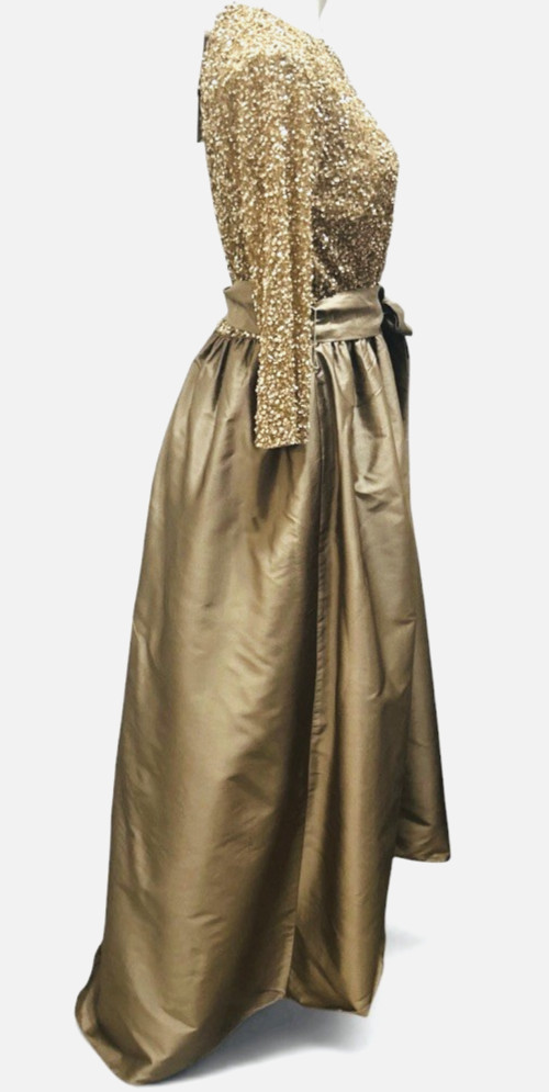 Pisarro Nights Size 12 NWT Light Mocha Gold Sequin & Taffeta Formal Gown