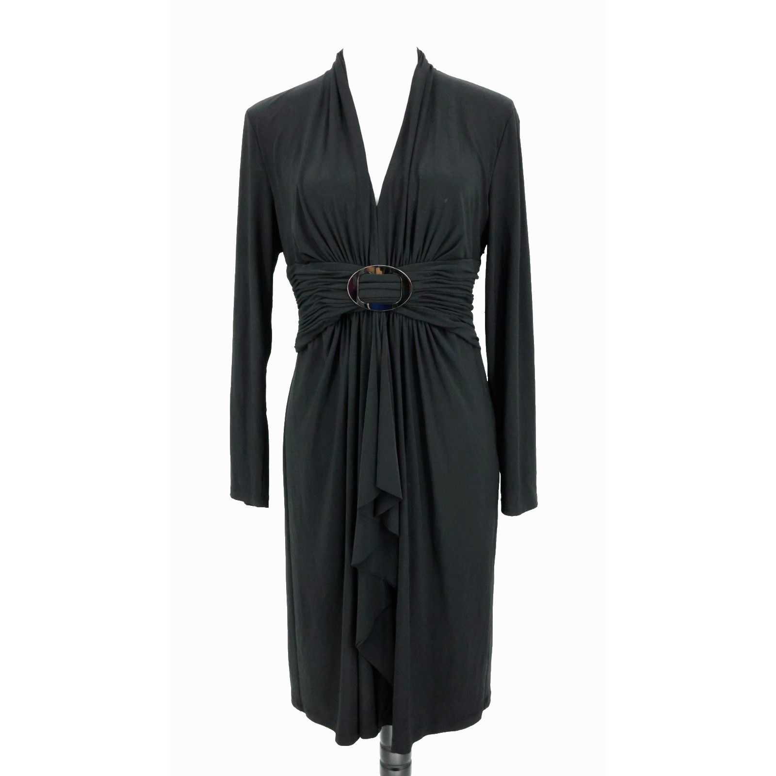 Jones NY Dress Womens 12 Black Stretch Knit Buckle Front Fitted Side Zip BodyCon