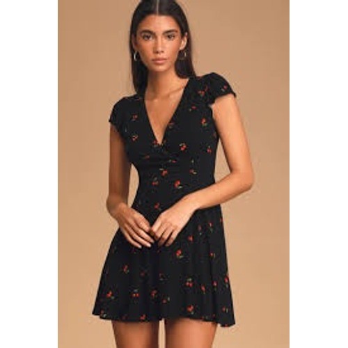 Lulus Mini Dress Women Medium Black Cherry Print Cherish You Surplice Flutter