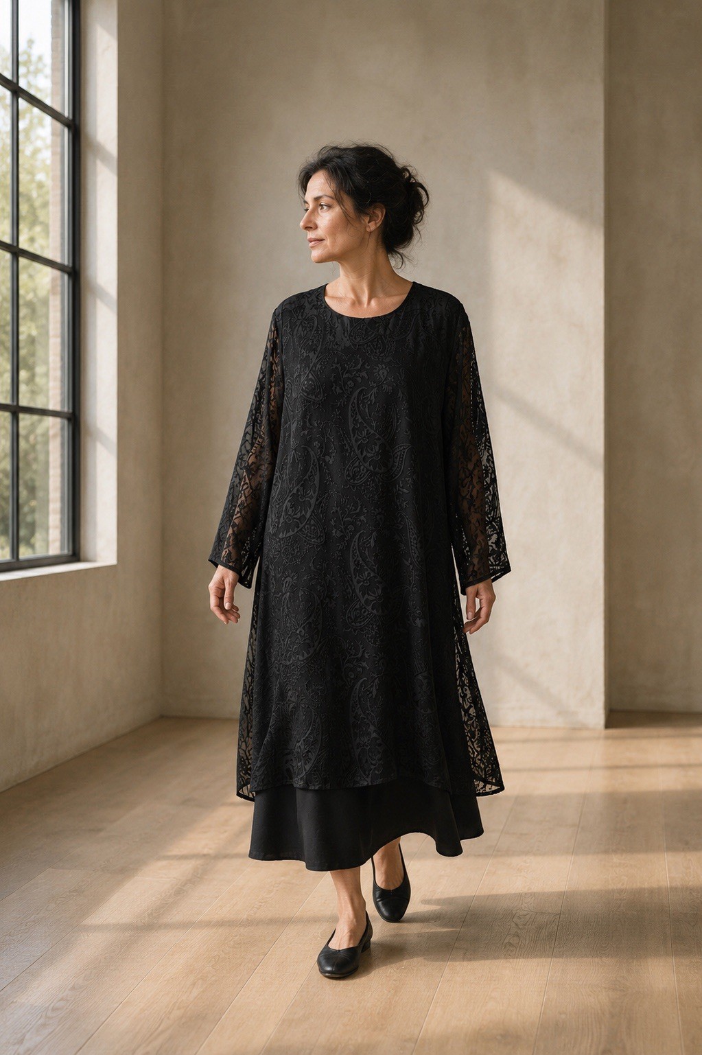 Eskandar Black Silk Blend Devore A-Line Dress Size 2 Layered