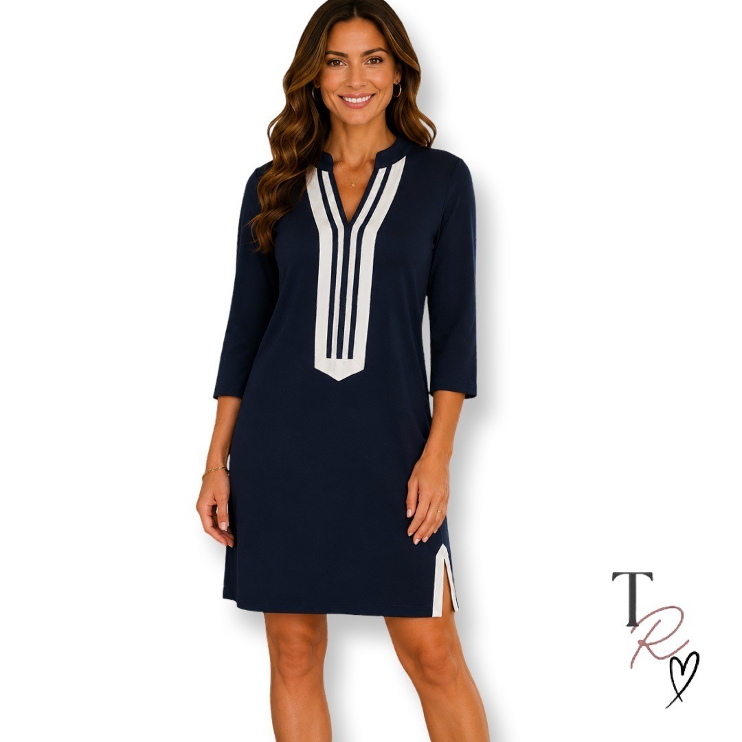 Duffield Lane Navy Tunic Dress Size Large White Trim 3/4 Sleeve Preppy Stretch