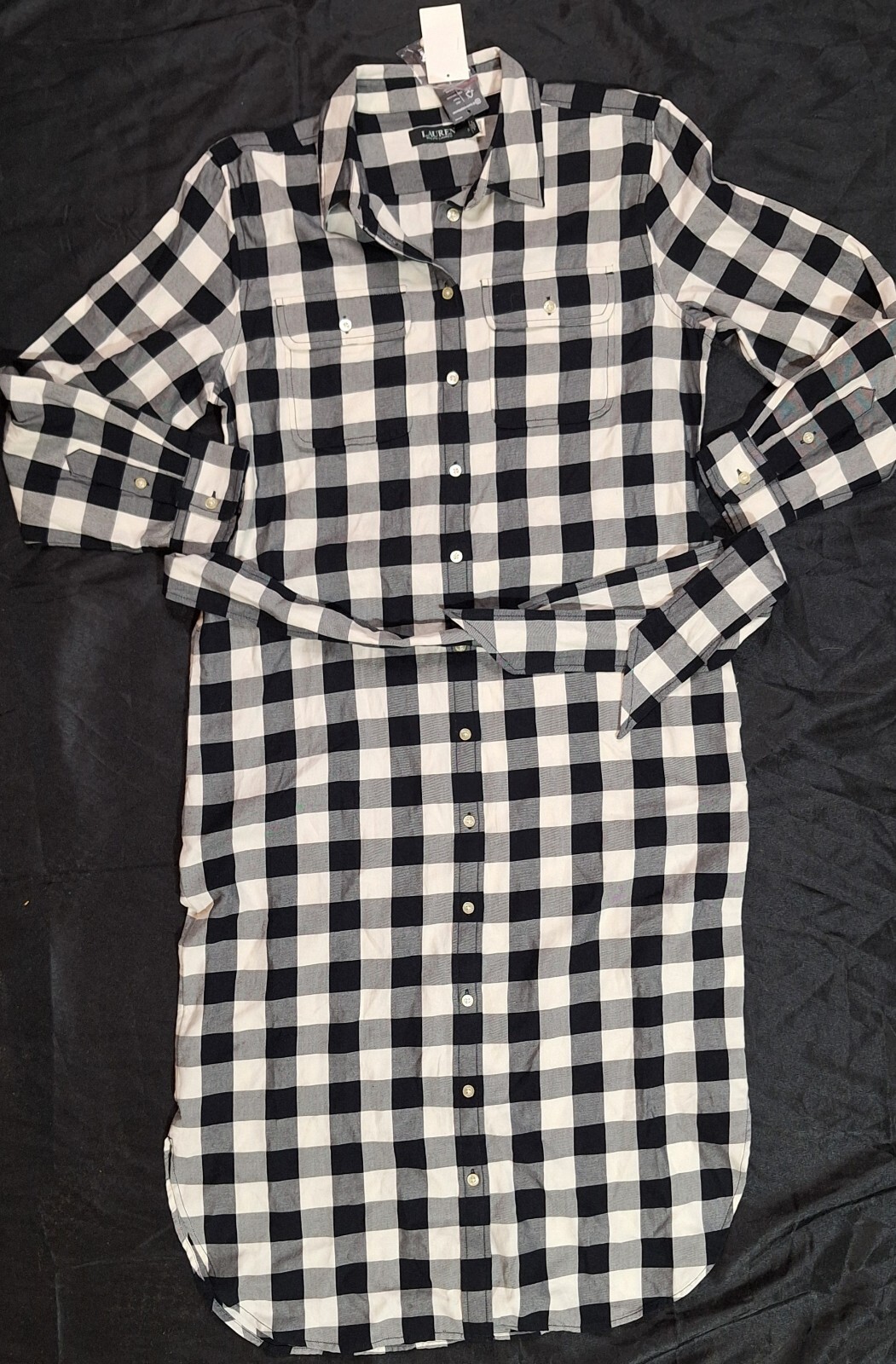 Ralph Lauren Women Black And White Plaid Flannel Dress Size 12 Side Pockets