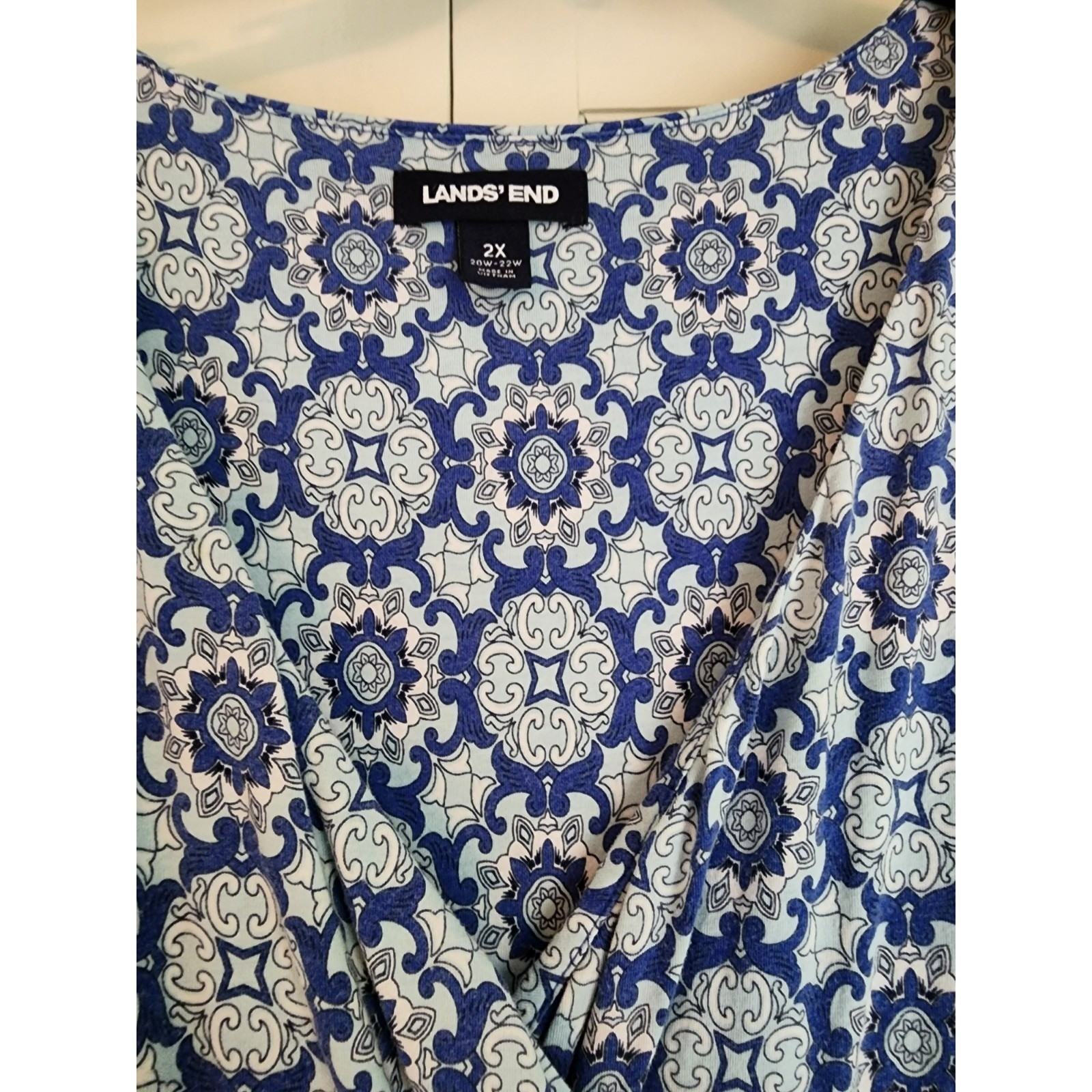 Lands End 2X 20W 22W Faux Wrap Maxi Long Dress Blue White Print Sleeveless