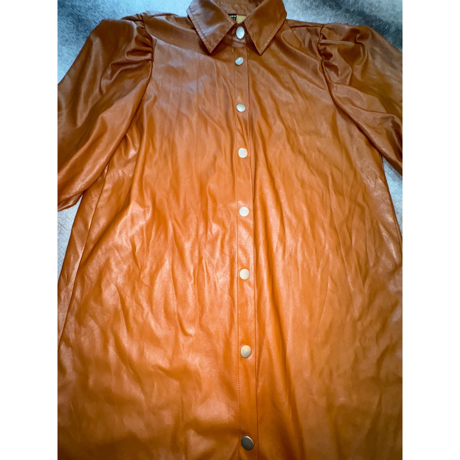 (B1) SHEIN Cognac Brown Faux Leather Puff Sleeve Snap Front Mini Dress Size S