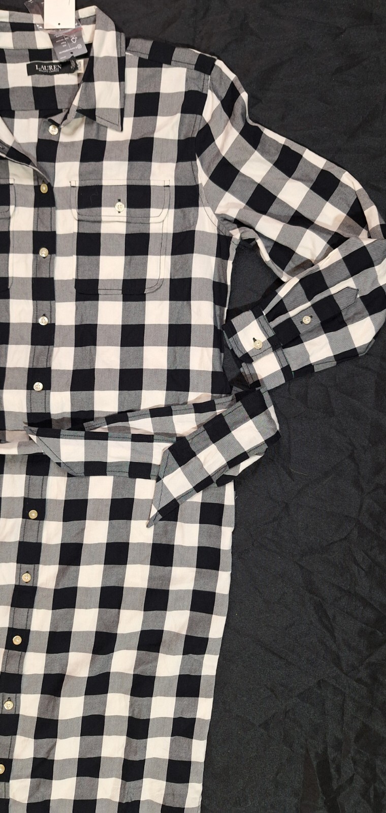 Ralph Lauren Women Black And White Plaid Flannel Dress Size 12 Side Pockets