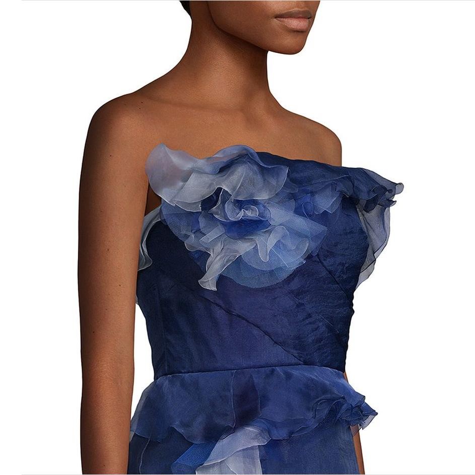 MARCHESA Ombre Strapless Flower Ruffled Tiered Silk Cocktail Dress, 2 Blue
