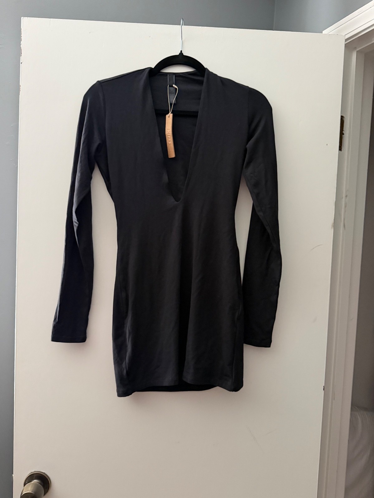 Skims Smooth Layers Plunge Mini Dress in Obsidian, Size S