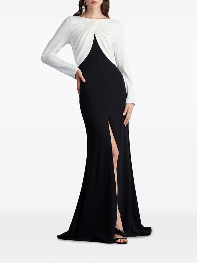 Tadashi Shoji Black Ivory Nelson Long-Sleeve Crepe Sheath Gown Size X-Small $421