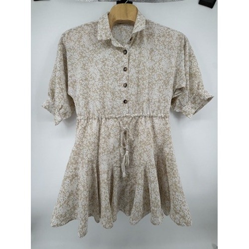 By Together Tan Floral Button Down Drawstring Waist Ruffle Mini Dress L5005 M