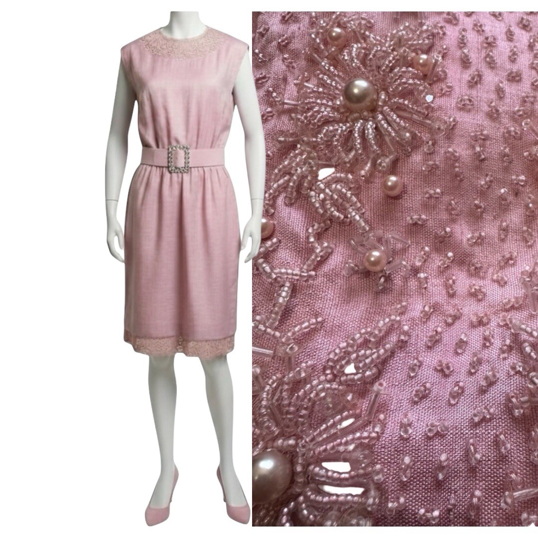 Vintage Pink Hand Beaded Cocktail Dress | Pearls Silk | 60’s Jackie O Glam