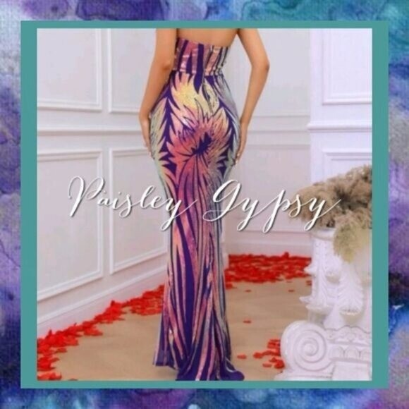 RANDOM PRINT, HALTER, SEQUINED MERMAID MAXI