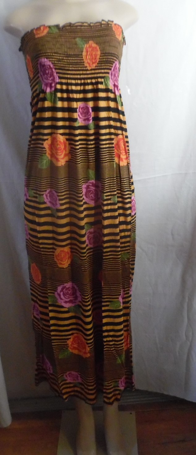 LONG PINK BLACK GOLD STRIPE ROSES MAXI DRESS STRAPLESS 2X